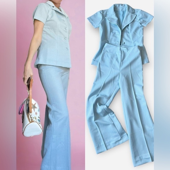 VTG 70s Powder Blue Pantsuit Set High Waist Wide Leg Pants + Short Sleeve Blazer - Picture 1 of 16